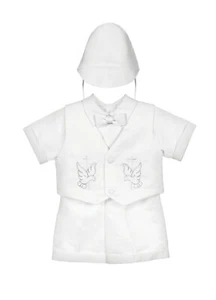 BABY BOYS WHITE CHRISTENING BAPTISM FORMAL SUIT SET SHORT SLEEVE BOW TIE HAT CP - Picture 1 of 1