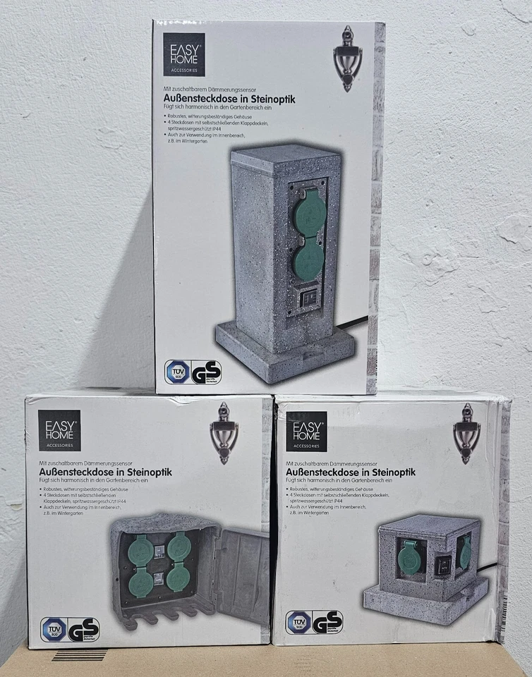 EASY HOME Außensteckdose in Steinoptik (4-fach) Gartensteckdose IP44 Dämmerungssensor