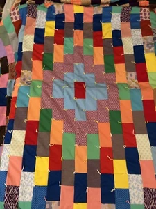 Vintage Handmade Block Quilt Colorful Patchwork Squares 85x88 Polyester 1970s - Picture 1 of 6