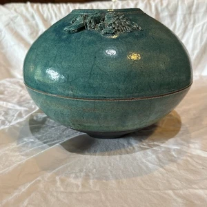 Art Pottery Ray Mullen 1994 Modernist Turquoise Glaze Finish Ball Vase - Picture 1 of 14