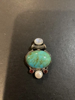 Sajen Sterling Silver Turquoise & Moonstone Pearl  Slide Pendant - Image 1 of 4
