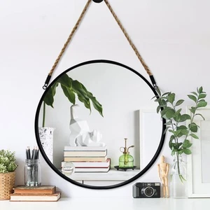 Round Hanging Mirror - Wall Mirrors Decorative 20" Rope Mirror Black Metal Fr... - Picture 1 of 9