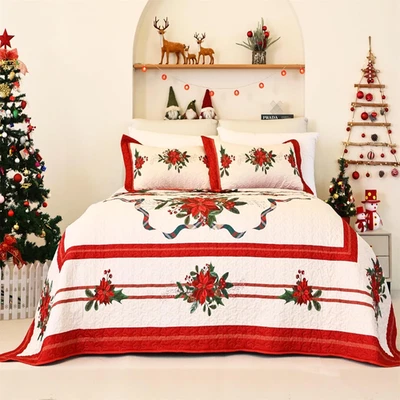 Juego de Colcha Navidad King Size, Edredón Reversible Floral Rojo para Todas las Temporadas Foto 1 de 4