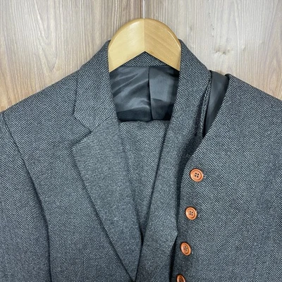 Traje de 3 piezas para hombre 34S 30x31 gris espiga tweed lana doble ventilación chaleco pantalones Foto 1 de 4