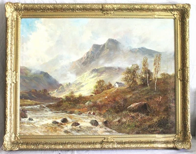 PINTURA AL ÓLEO VICTORIANA ANTIGUA LG LUMINOSA RÍO MONTAÑA PAISAJE MARCO FRANCÉS Foto 1 de 4