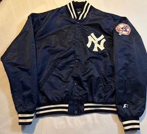 Giacca Bomber Vintage anni 80 STARTER New York Yankees Raso Blu Navy MLB Snap - Foto 1 di 12