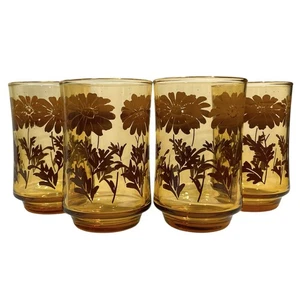 Vintage 1970s Libbey Daisy Amber Floral Small Juice Glasses Set (4) - MCM - Picture 1 of 10