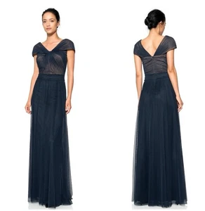 Maxi abito formale Tadashi Shoji in tulle twist abito blu navy madre della sposa taglia 14 - Foto 1 di 13