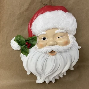 Christmas WINKING SANTA CLAUS FACE Wall Hanging Polyresin with Faux Fur Hat - Picture 1 of 4