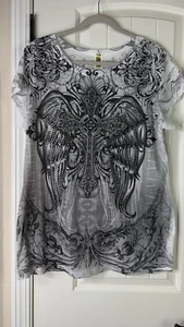 Rouge Vintage Y2K McBling Gothic Punk Cross Rhinestones Sheer Goth T Shirt 3XL - Picture 1 of 9
