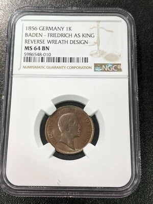 1856 MS64 BN Germany Baden Kreuzer Friedrich King Wreath Reverse NGC KM 231 - Image 1 of 4