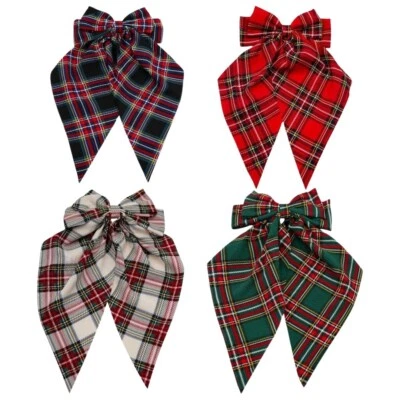 Handmade Oversized Satin Tartan Bow With Tails French Barrette Slide Clip Large - Image 1 of 3