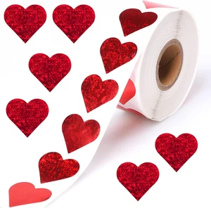 1000 Pcs 1" Holographic Red Heart Stickers Roll, Glitter Tiny Hearts Sticker for - Picture 1 of 12