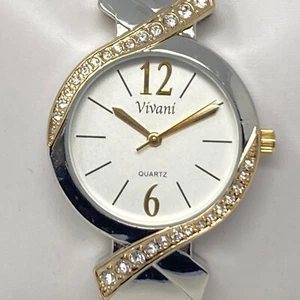 Vivani Watch Women 32mm Silver Gold Tone Cuff Crystals Bling New Battery 6.75" - Picture 1 of 14