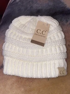 CC Exclusives Sz M-L Lined Ivory Soft Chunky Cable Knit Beanie Logo - Picture 1 of 4
