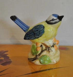 VTG Bird Yellow BLUE TIT on Branch Glossy Porcelain w/Hole for arrangement - Picture 1 of 6