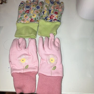 2 Pairs Of Children’s Floral, Pink & Green Gardening Gloves - Image 1 of 4