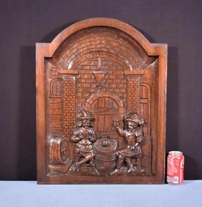 25" Tall Antique French Solid Walnut Panel Highly Carved With Men Playing Cards - Picture 1 of 13