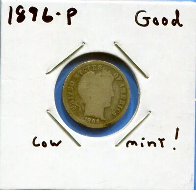 Монета номиналом 10 центов Барбера W@W 1896-p (лучшая дата!!) Хорошо!!!!!!!!!! - Изображение 1 из 2