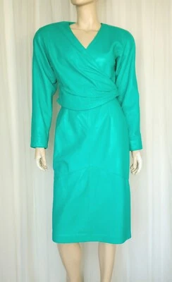 Vtg 80s Rumors n Gossip 2pc Leather Blazer & Skirt Suit Set aquamarine S/M - Imagem 1 de 4