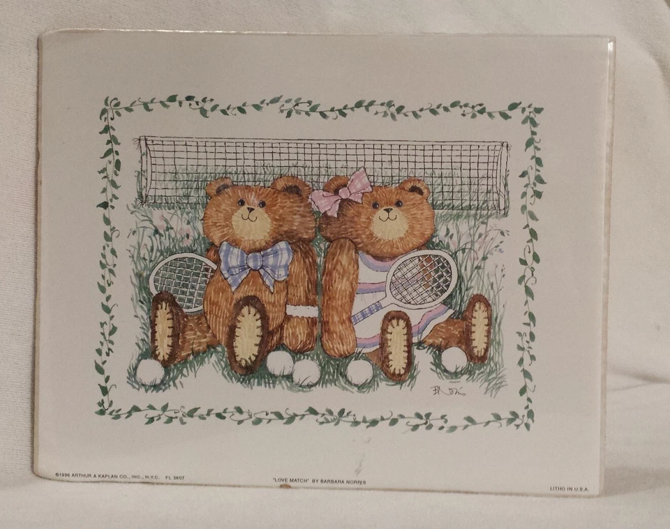 Vtg Teddy Bear Art Print 10 x 8 Love Match Tennis Theme 1996 B Norris Sealed - Image 1 of 4