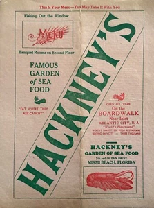 Vintage Menu Atlantic City New Jersey Miami Beach Florida Hackneys Decor 1950's - Picture 1 of 9