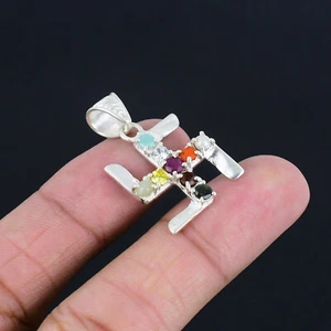 PURE SILVER PENDANT NAVRATNA MULTI GEMSTONES KAVACH TILISMAN FREESHIP - Foto 1 di 4