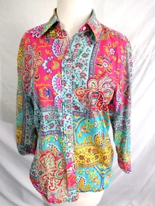 RALPH LAUREN Petite M Women's Bright Colorful Paisley Blue Pink Blouse LS Cotton - Picture 1 of 9
