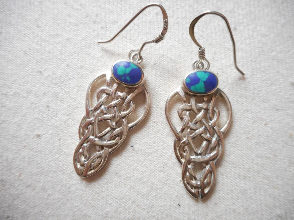 Sterling Silver 925 Celtic Knot Azurite Dangle Earrings   181611 - Image 1 of 4