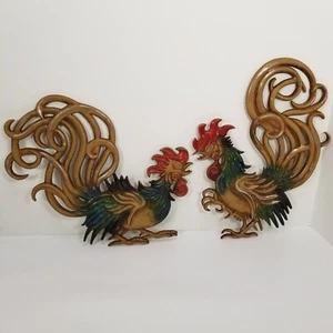 Vintage Pair VERMAY 12" Metal Fighting Rooster Plaques Wall Barn Gamecock USA - Picture 1 of 14