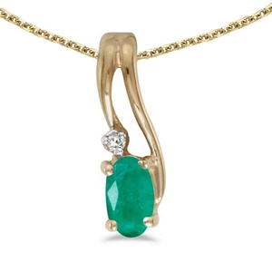 LXR 10k Gelbgold Oval Smaragd und Diamant Wave Anhänger 0.16 ct - Bild 1 von 2