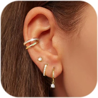 Silber 925 Ohrringe Damen Gold Creolen CZ Ohrstecker Ear Cuff Stapelbar hypoalle - Bild 1 von 4