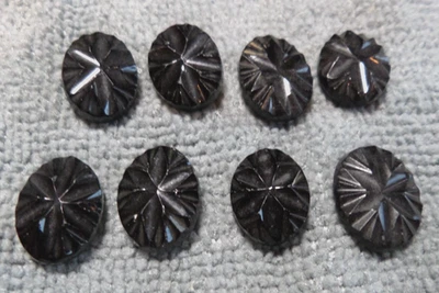 8 Vintage Antique Black Glass Buttons CARVED GEOMETRIC PATTERN - Image 1 of 4