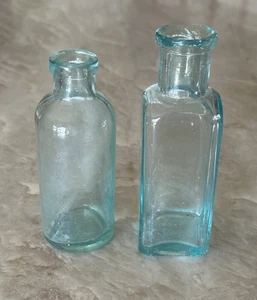 2 Antique Aqua Blue Glass Medicine Pharmacy Bottles Jars 5" - Picture 1 of 7
