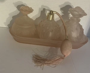 Vintage Pink Frosted Perfume & Vanity Bottle Set w Glass Tray Flower Theme 6 Pcs - Picture 1 of 14