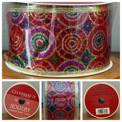 VTG Celebrate It Wired Christmas Ribbon Glitter Gold Red Green Blue Pink NEW - Image 1 of 4