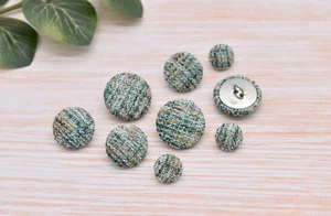 Set of 5 Green Tweed Style Fabric Handmade Covered Shank Buttons-12mm,18mm,22mm - Picture 1 of 8