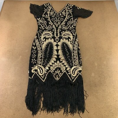 Fundaisy Women's Size Small Black & Gold Sequin Fringe 1920's Flapper Dress New - Image 1 of 4
