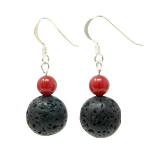 Pendientes de lava y coral negro-rojo 925 plata pendientes pendientes ganchos - Imagen 1 de 1