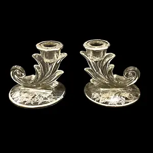 Pair VTG Fostoria Baroque Glass Sterling Silver Floral Overlay Candlesticks - Picture 1 of 10