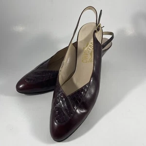 Salvatore Ferragamo Womens Slingback Snakeskin Burgundy Brown Leather Sz 8.5 AAA - Picture 1 of 18