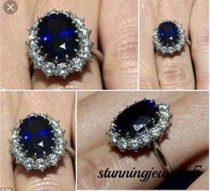 3CT Oval Cut Real Blue Sapphire Cluster Halo Women's Ring 14K White Gold Finish - Picture 1 of 5