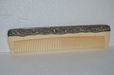 Vintage Celluloid Comb Silver Plate Edge & Floral Design 7.5” Long - Image 1 of 4