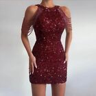 Womens Red Sexy Halter Sequin Tassel Party Mini Dress Size UK 12