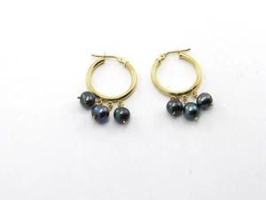 HERMOSOS ARETES TIPO ARO PERLAS NEGRAS COLGANTES ORO AMARILLO 14K NUEVOS EN CAJA #J106 - Imagen 1 de 3