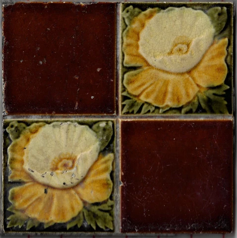 Antique Victorian 6.25" Fireplace Tile Art Nouveau Floral Duet Cover