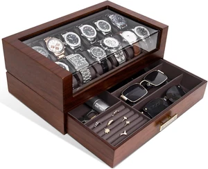 High End Watch Box for Men, 12 Slot Wooden Watch Case with Drawer, Watch Display - Picture 1 of 12