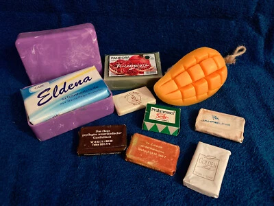 10tlg altes SEIFEN Set 6x kleine Hotel Seifen PANDORA OlivenÖl MANGO + Schale - Bild 1 von 4