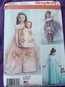 1305 Simplicity Schnittmuster Mädchen Größe 3-8 und 18 Zoll Puppe Prinzessin Kostüm - Bild 1 von 2