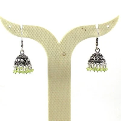 Earrings Natural Peridot Gemstone Handmade Beads Jewelry Oxidized Jhumki - Image 1 of 2